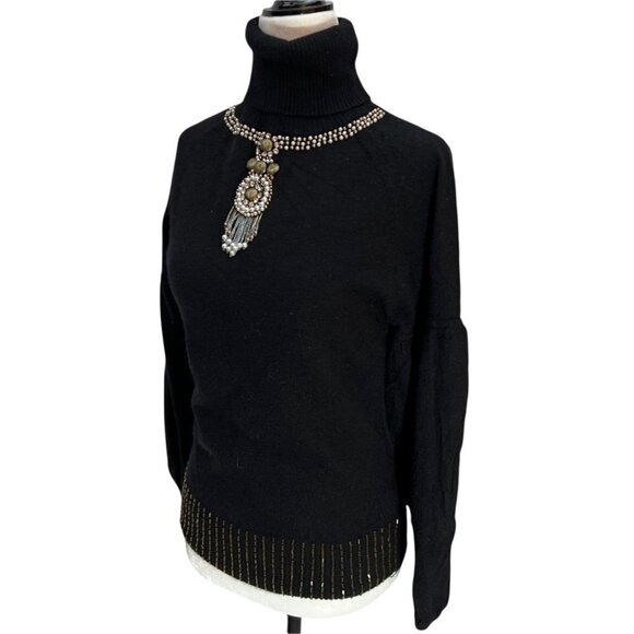 𝅺vintage SCRIBA Black Angora Blend Turtleneck Jewel Neckline Bishop Sleev… - Picture 2 of 11